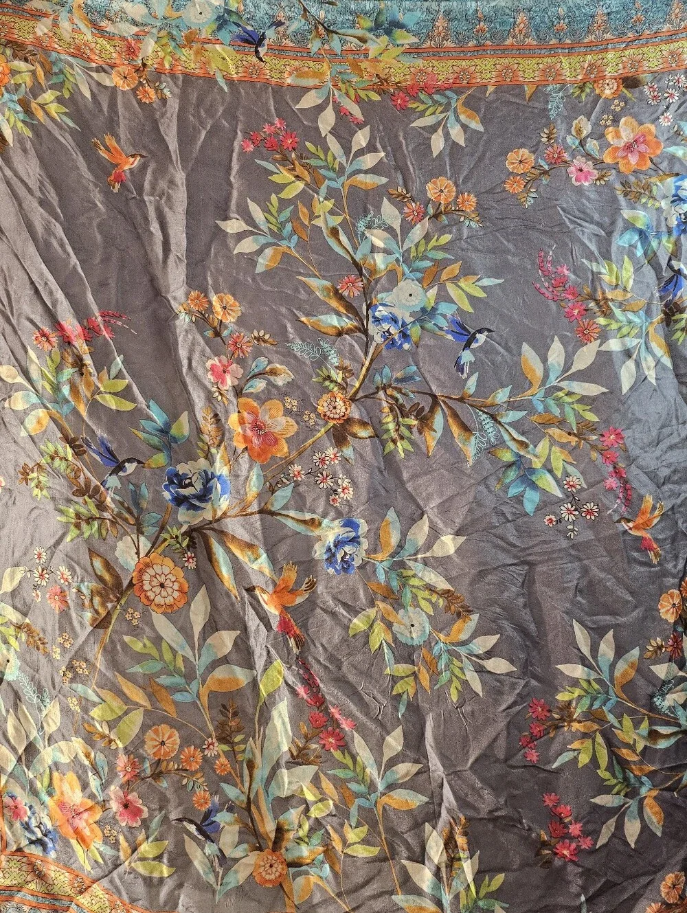 *Johnny Was Silk Square Scarf Floral Botanical Bird Print with Corner Tassels